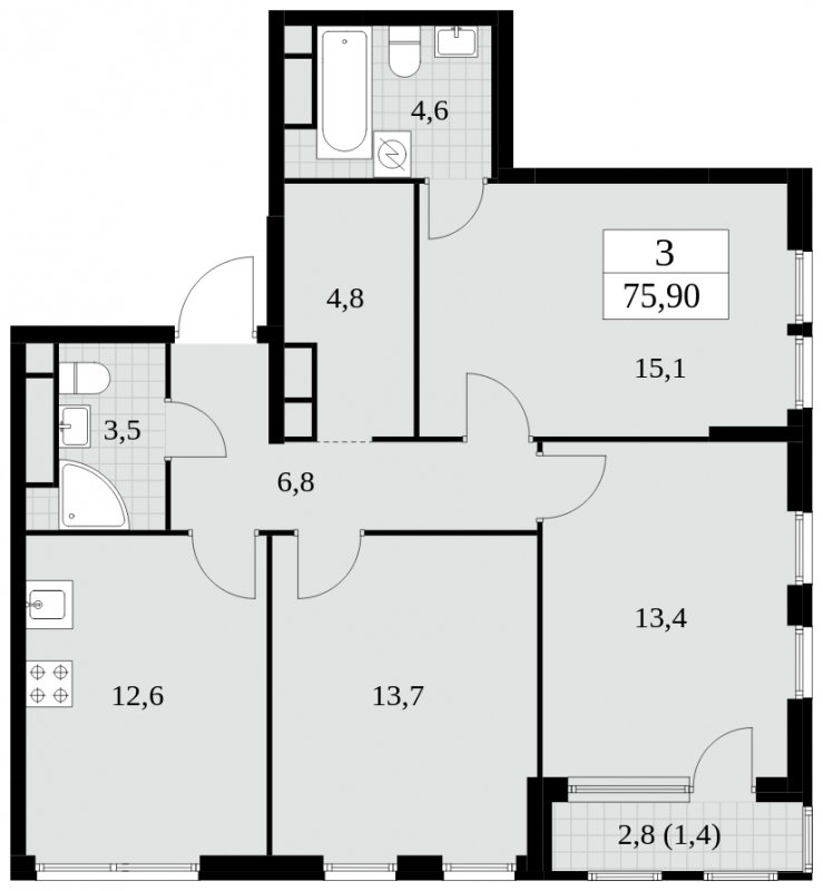 3-комнатная квартира без отделки, 75.9 м2, 18 этаж, сдача 2 квартал 2025 г., ЖК Южные сады, корпус 2.4 - объявление 1760360 - фото №1