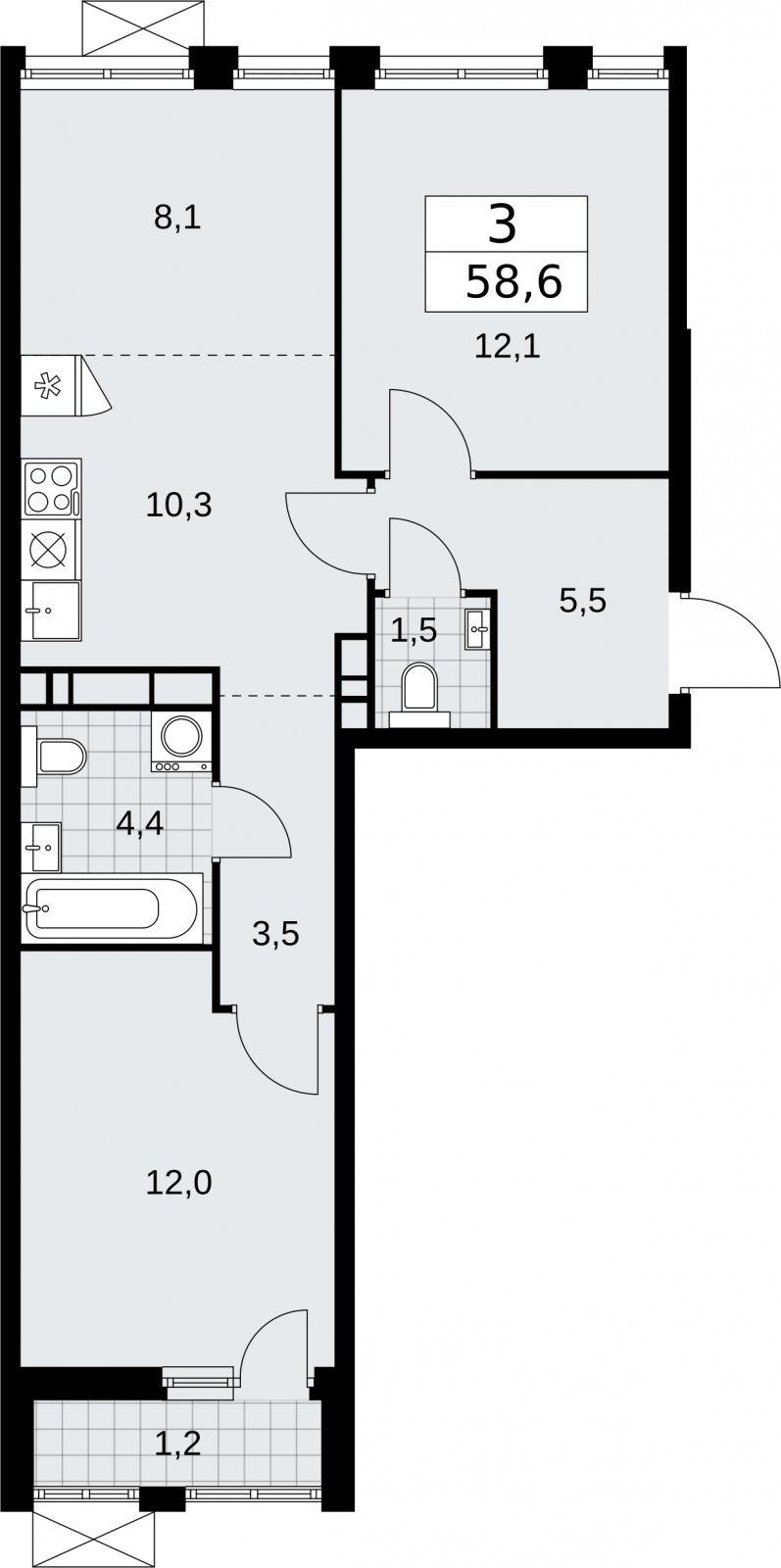 3-комнатная квартира (евро) с частичной отделкой, 58.6 м2, 10 этаж, сдача 2 квартал 2026 г., ЖК Бунинские кварталы, корпус 5.1 - объявление 2297142 - фото №1