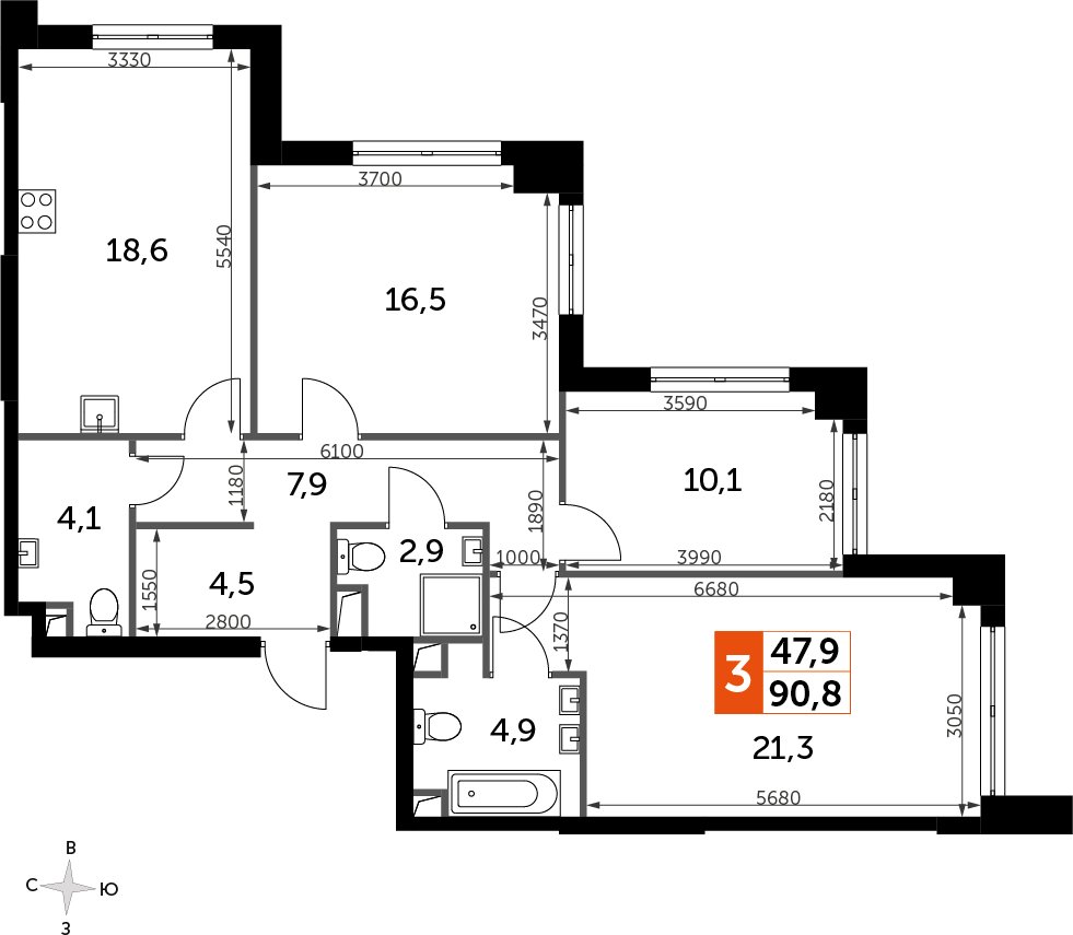 3-комнатная квартира с частичной отделкой, 90.8 м2, 27 этаж, сдача 3 квартал 2024 г., ЖК Sydney City, корпус 2.2 - объявление 2384562 - фото №1