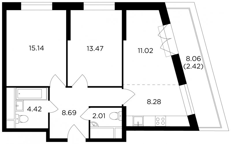 3-комнатная квартира без отделки, 65.45 м2, 12 этаж, дом сдан, ЖК КутузовGRAD 2, корпус 5 - объявление 1451220 - фото №1