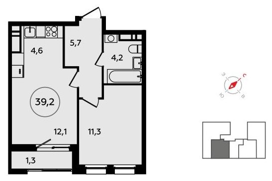2-комнатная квартира (евро) без отделки, 39.2 м2, 16 этаж, сдача 3 квартал 2023 г., ЖК Прокшино, корпус 4.6 - объявление 1498836 - фото №1