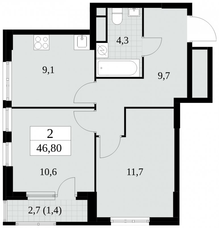 2-комнатная квартира без отделки, 46.8 м2, 6 этаж, сдача 2 квартал 2025 г., ЖК Южные сады, корпус 2.3 - объявление 1758310 - фото №1