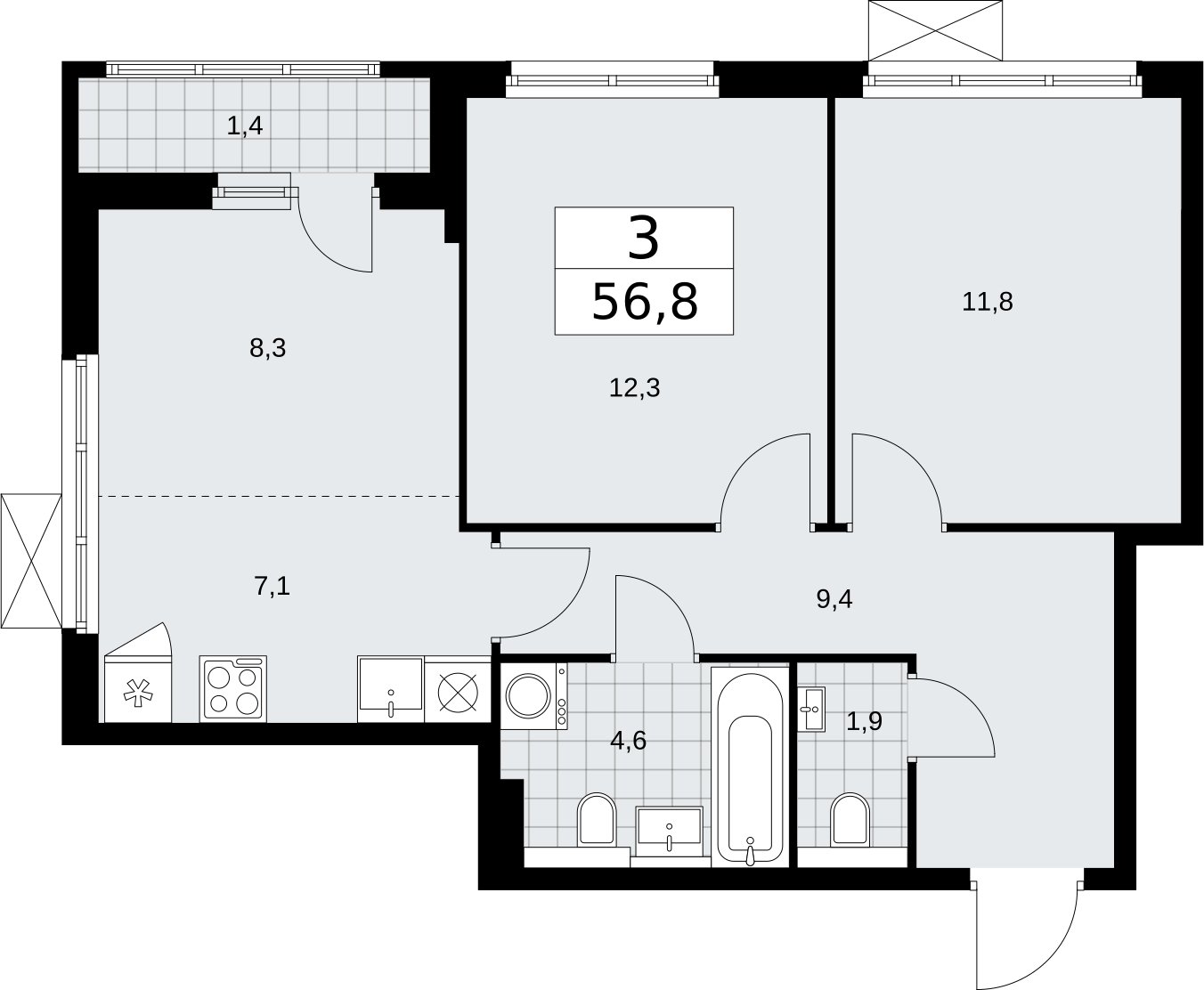 3-комнатная квартира (евро) без отделки, 56.8 м2, 4 этаж, сдача 2 квартал 2026 г., ЖК Бунинские кварталы, корпус 7.3 - объявление 2313604 - фото №1