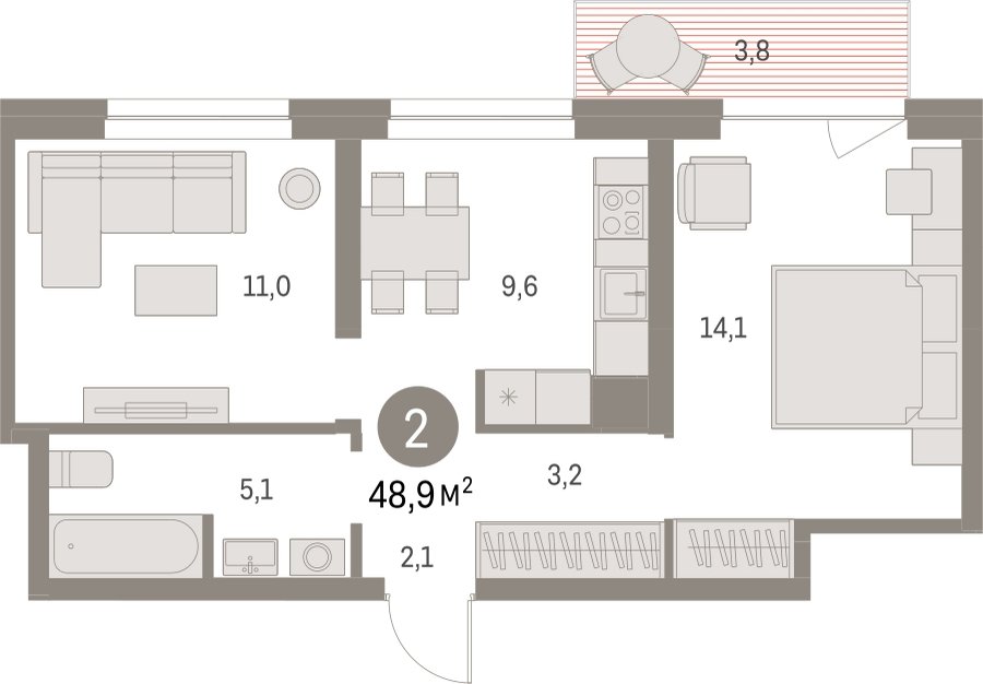 2-комнатная квартира с частичной отделкой, 48.94 м2, 7 этаж, сдача 1 квартал 2025 г., ЖК Первый квартал, корпус 5 - объявление 2310710 - фото №1
