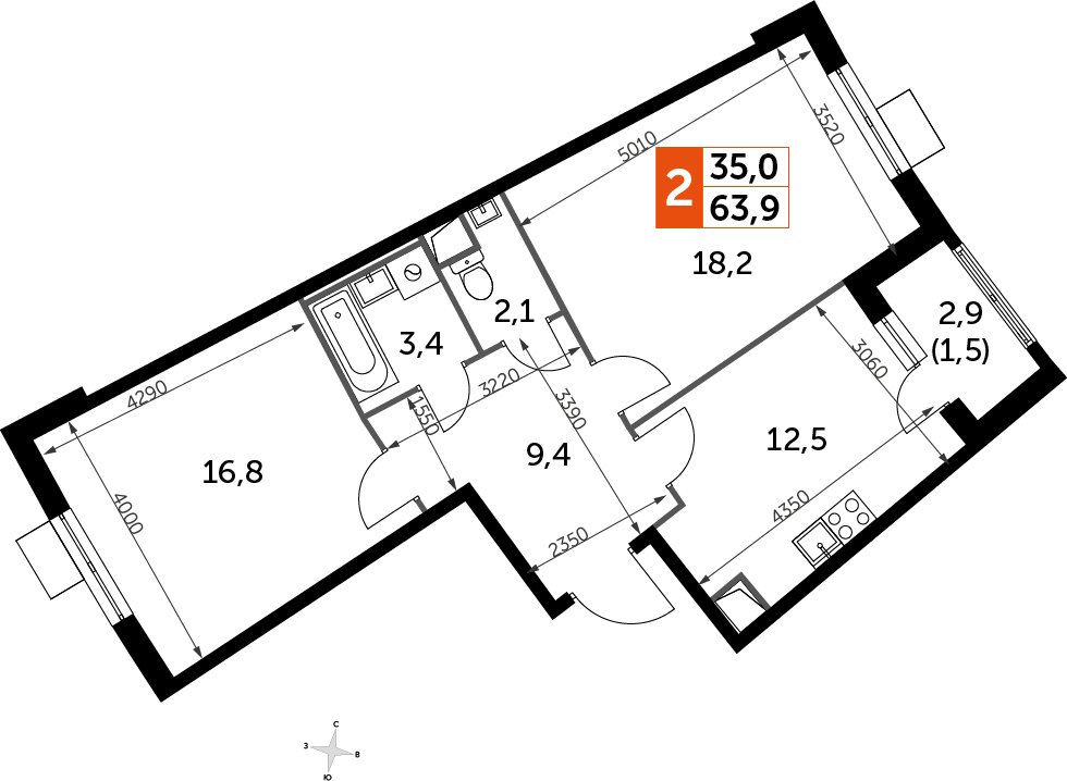 2-комнатная квартира без отделки, 64.2 м2, 1 этаж, дом сдан, ЖК UP-квартал Римский, корпус 7 - объявление 2353972 - фото №1