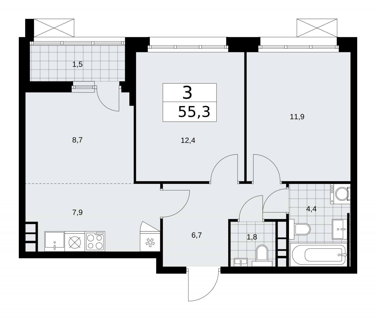 3-комнатная квартира (евро) с частичной отделкой, 55.3 м2, 4 этаж, сдача 2 квартал 2026 г., ЖК Скандинавия, корпус 25.1 - объявление 2283337 - фото №1