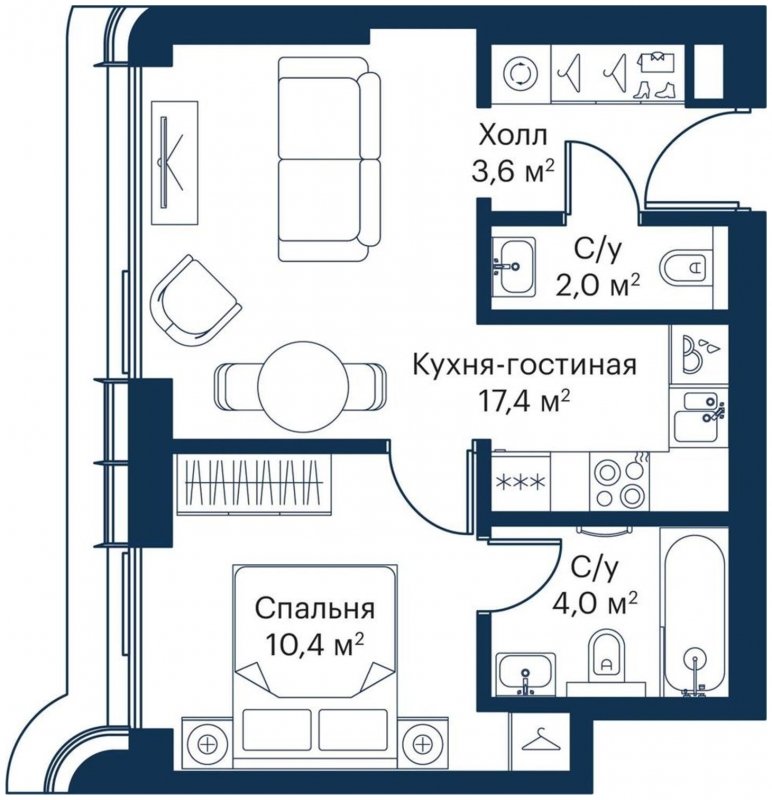 1-комнатная квартира с частичной отделкой, 37.4 м2, 10 этаж, сдача 4 квартал 2023 г., ЖК City Bay, корпус Atlantic Ocean 1 - объявление 1710900 - фото №1