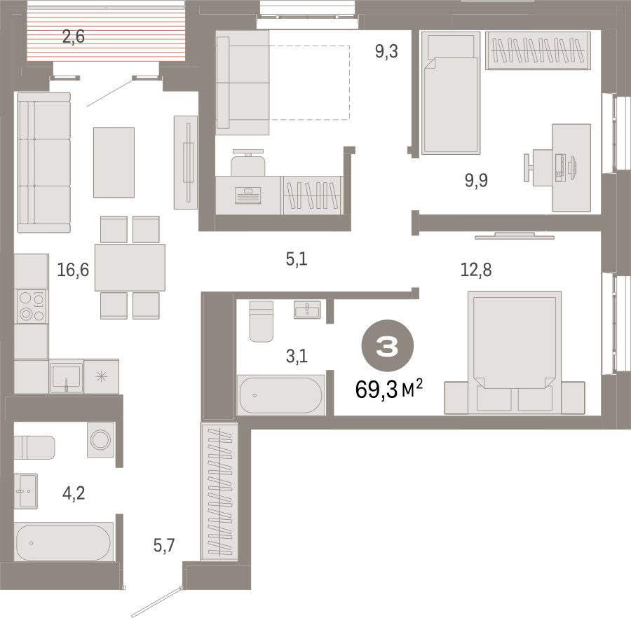 3-комнатная квартира с частичной отделкой, 69.3 м2, 22 этаж, сдача 3 квартал 2026 г., ЖК Квартал Метроном, корпус 1 - объявление 2358229 - фото №1