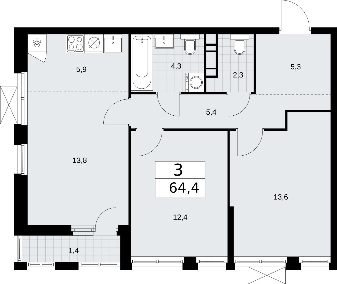 3-комнатная квартира (евро) без отделки, 64.4 м2, 6 этаж, сдача 2 квартал 2026 г., ЖК Бунинские кварталы, корпус 5.4 - объявление 2297694 - фото №1