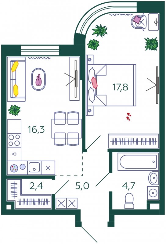 1-комнатная квартира без отделки, 46.2 м2, 2 этаж, сдача 4 квартал 2023 г., ЖК SHAGAL, корпус 1.2 - объявление 1769063 - фото №1