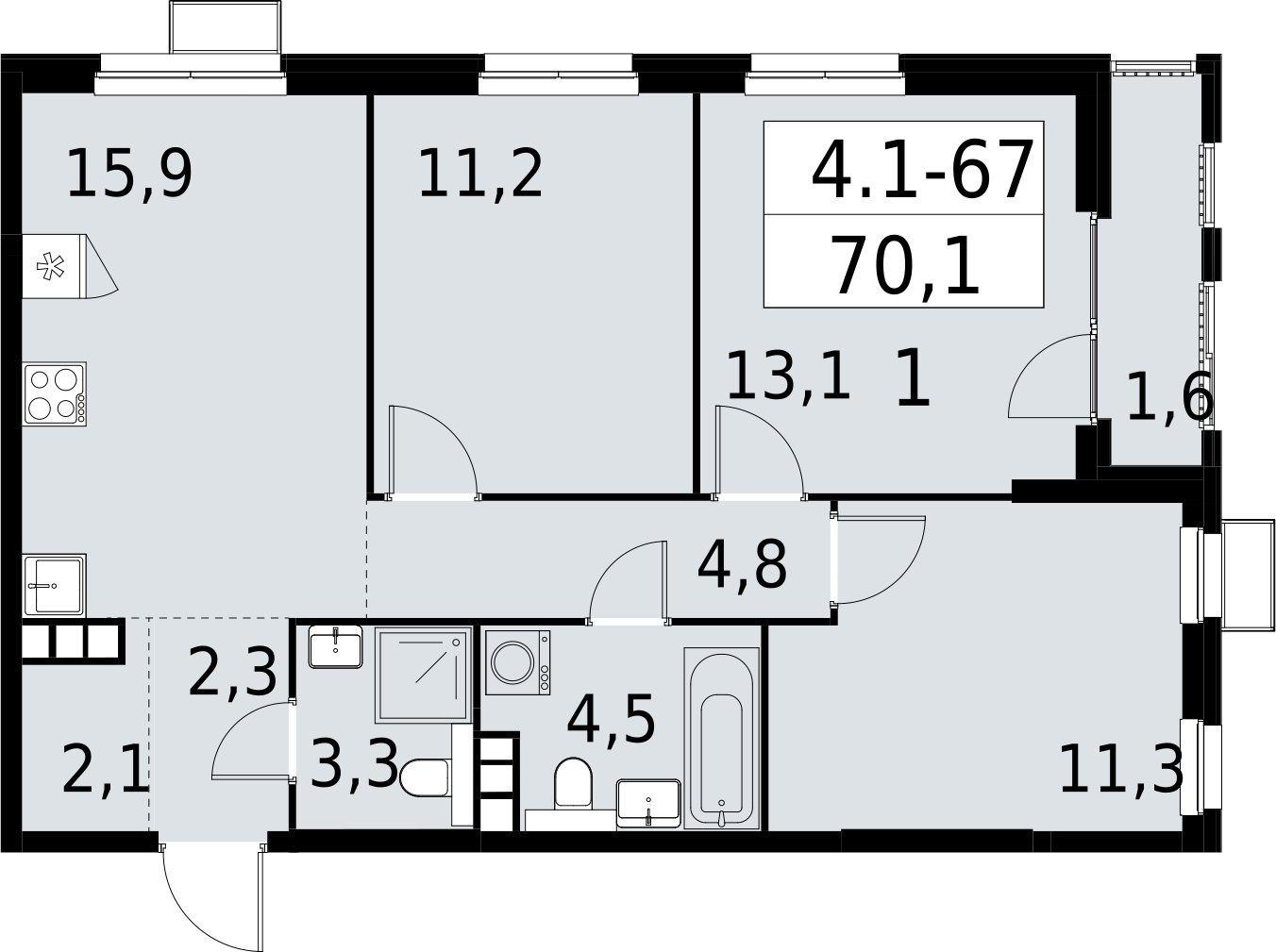 3-комнатная квартира с полной отделкой, 70.1 м2, 13 этаж, сдача 2 квартал 2027 г., ЖК Южные сады, корпус 4.1.1 - объявление 2392608 - фото №1