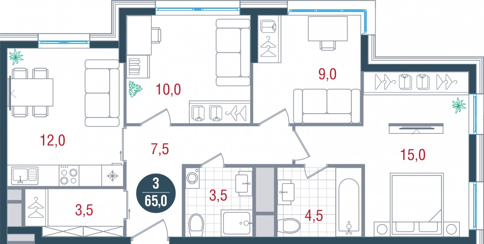 3-комнатная квартира без отделки, 65 м2, 2 этаж, дом сдан, ЖК РУСИЧ Новые Котельники, корпус 2 - объявление 2432833 - фото №1