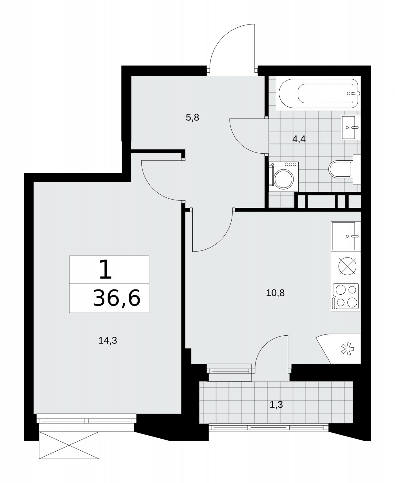 1-комнатная квартира без отделки, 36.6 м2, 7 этаж, сдача 4 квартал 2025 г., ЖК Бунинские кварталы, корпус 6.6 - объявление 2252973 - фото №1