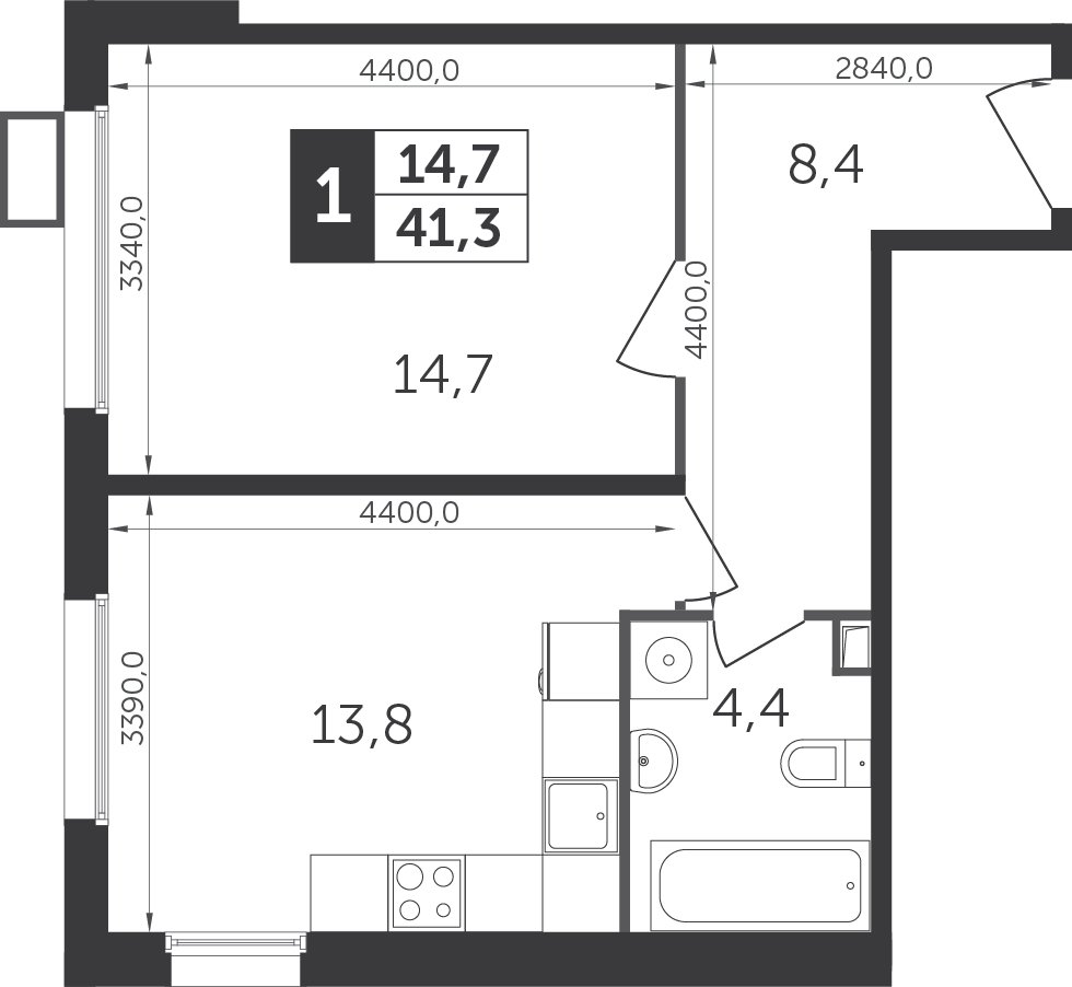 1-комнатная квартира с частичной отделкой, 41 м2, 9 этаж, дом сдан, ЖК Датский квартал, корпус 1 - объявление 2403637 - фото №1