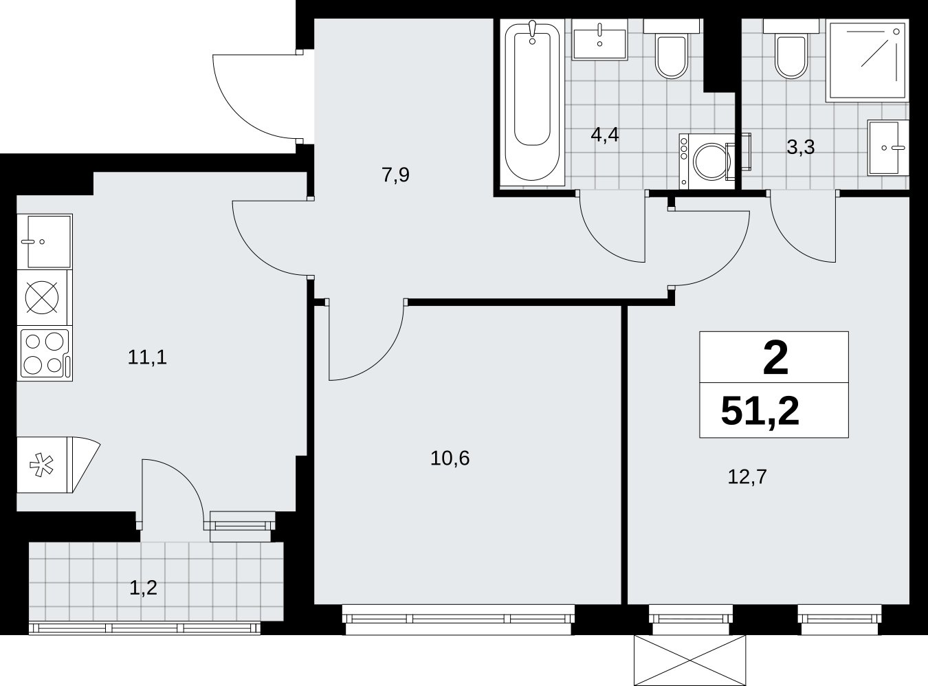 2-комнатная квартира без отделки, 51.2 м2, 5 этаж, сдача 2 квартал 2026 г., ЖК Дзен-кварталы, корпус 6.1.1 - объявление 2327096 - фото №1