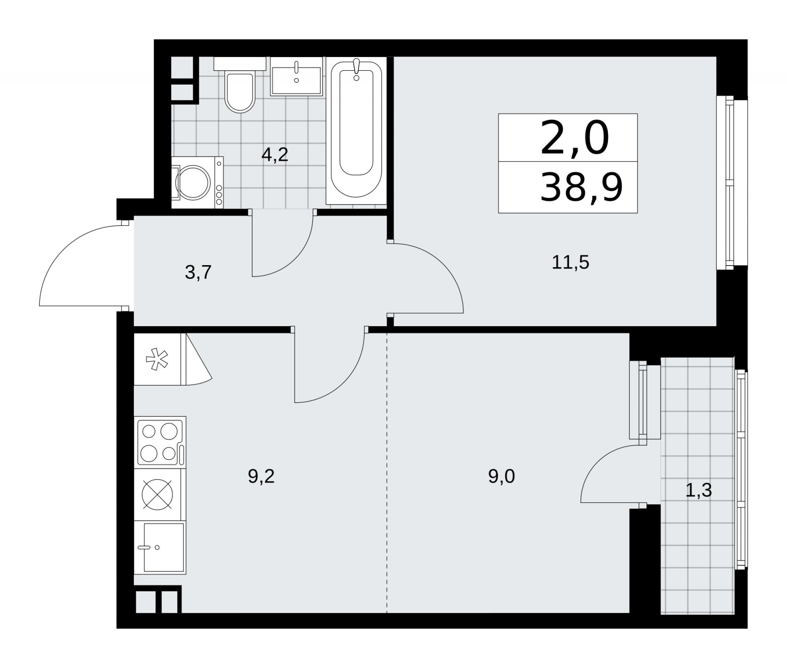 2-комнатная квартира (евро) без отделки, 38.9 м2, 3 этаж, сдача 1 квартал 2026 г., ЖК Дзен-кварталы, корпус 3.2 - объявление 2241377 - фото №1