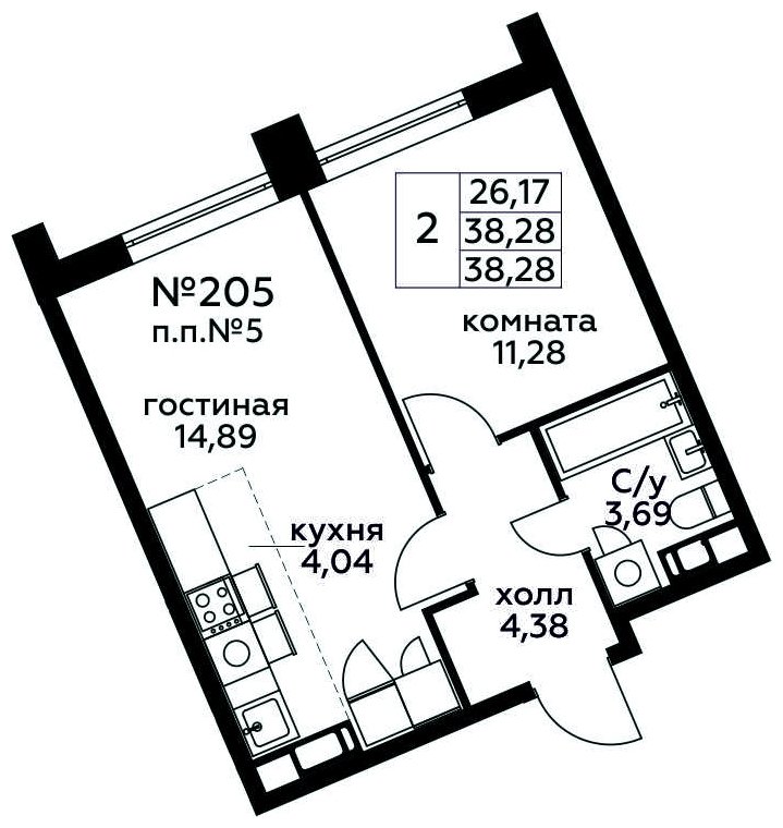 2-комнатная квартира с полной отделкой, 38.28 м2, 22 этаж, сдача 3 квартал 2024 г., ЖК МелисСад, корпус 1 - объявление 1821645 - фото №1