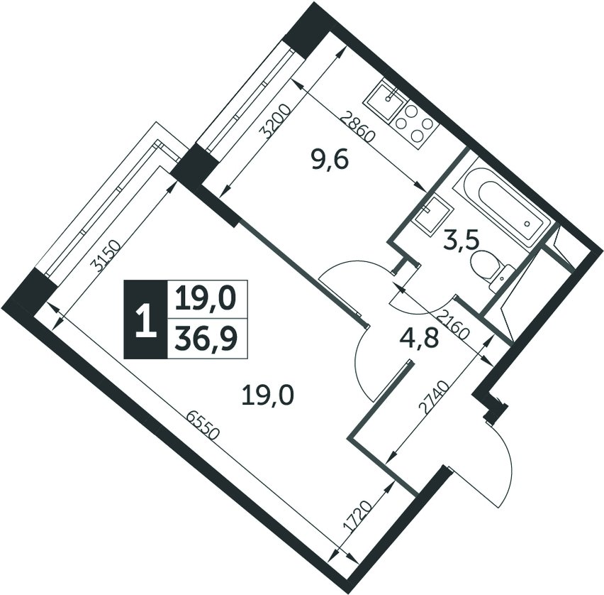 1-комнатная квартира без отделки, 36.9 м2, 4 этаж, дом сдан, ЖК Датский квартал, корпус 4 - объявление 2346988 - фото №1