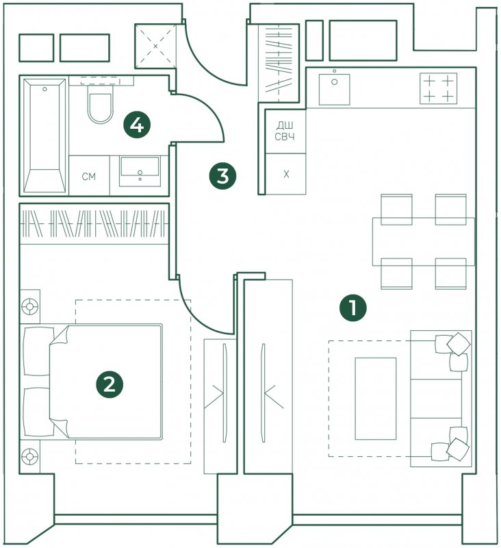 2-комнатная квартира (евро) с полной отделкой, 43.94 м2, 15 этаж, сдача 1 квартал 2024 г., ЖК Эко-квартал VERY, корпус 2 - объявление 1672025 - фото №1