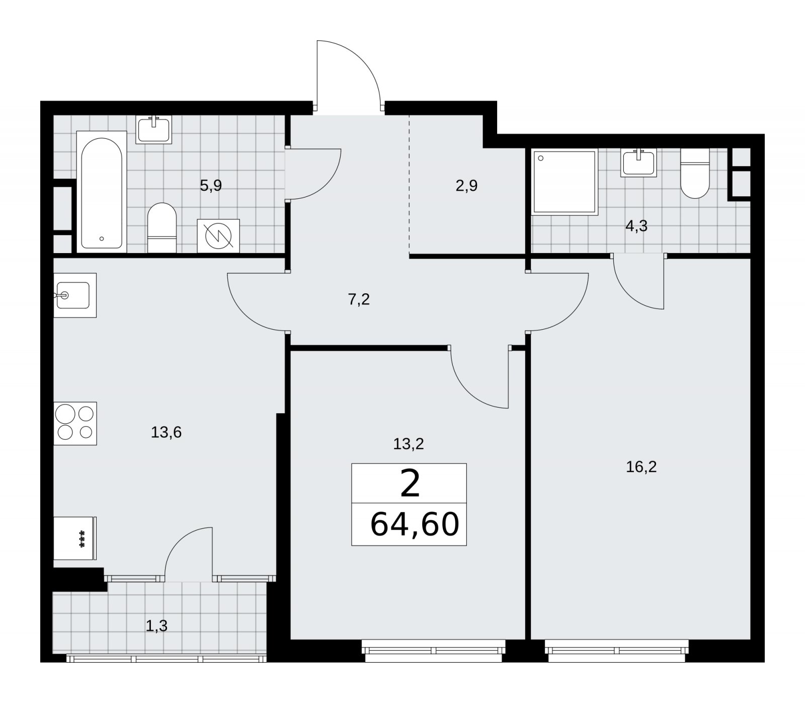 2-комнатная квартира с частичной отделкой, 64.6 м2, 6 этаж, сдача 1 квартал 2026 г., ЖК Дом на Зорге, корпус 25 - объявление 2221031 - фото №1