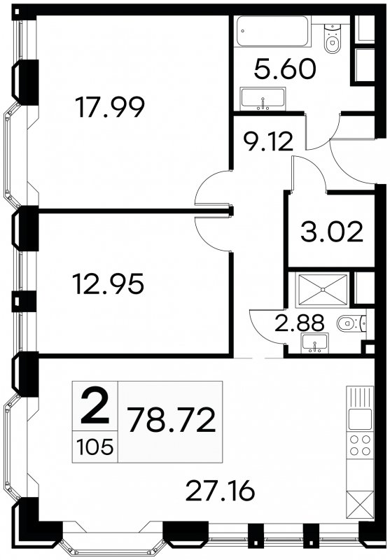 2-комнатные апартаменты с частичной отделкой, 78.72 м2, 10 этаж, сдача 3 квартал 2024 г., ЖК GloraX Aura Белорусская, корпус 1 - объявление 1708646 - фото №1