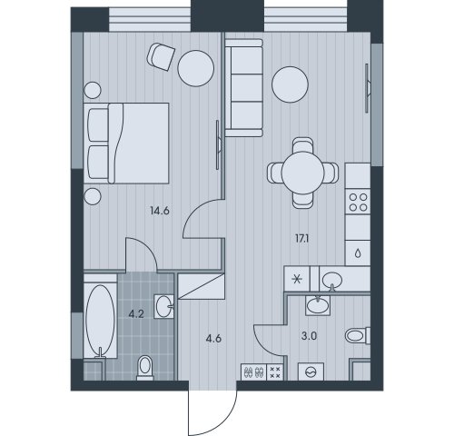 2-комнатная квартира (евро) без отделки, 43.5 м2, 28 этаж, сдача 3 квартал 2025 г., ЖК EVER, корпус 4 - объявление 2331822 - фото №1