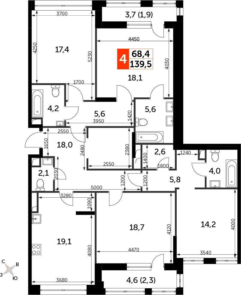 4-комнатная квартира с частичной отделкой, 139.5 м2, 10 этаж, сдача 3 квартал 2024 г., ЖК Sydney City, корпус 2.1 - объявление 2207323 - фото №1