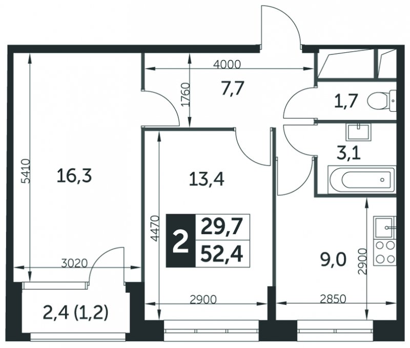 2-комнатная квартира без отделки, 52.3 м2, 8 этаж, сдача 2 квартал 2022 г., ЖК Датский квартал, корпус 4 - объявление 1677803 - фото №1