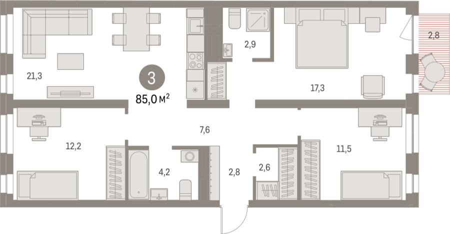 3-комнатная квартира с частичной отделкой, 85.04 м2, 3 этаж, сдача 1 квартал 2025 г., ЖК Первый квартал, корпус Дом 5 - объявление 2281442 - фото №1