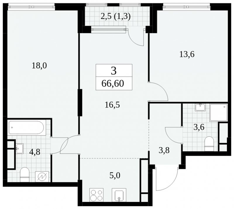 3-комнатная квартира (евро) без отделки, 66.6 м2, 19 этаж, сдача 2 квартал 2025 г., ЖК Южные сады, корпус 2.3 - объявление 1758238 - фото №1