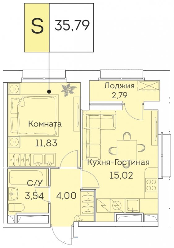 2-комнатная квартира (евро) с частичной отделкой, 35.79 м2, 2 этаж, сдача 3 квартал 2023 г., ЖК Аквилон BESIDE, корпус 1 - объявление 1419347 - фото №1