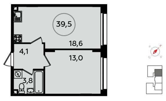 1-комнатная квартира без отделки, 39.5 м2, 2 этаж, сдача 1 квартал 2022 г., ЖК Скандинавия, корпус 13.1 - объявление 1412138 - фото №1