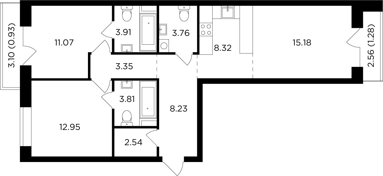 3-комнатная квартира без отделки, 75.33 м2, 11 этаж, дом сдан, ЖК FORIVER, корпус 3 - объявление 2371236 - фото №1