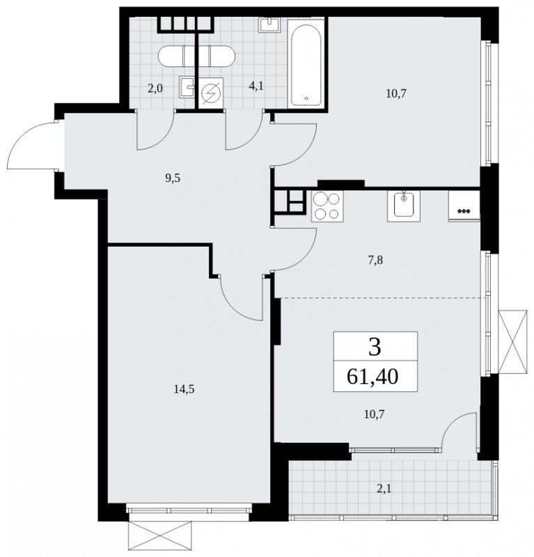 3-комнатная квартира (евро) без отделки, 61.4 м2, 6 этаж, сдача 4 квартал 2024 г., ЖК Бунинские кварталы, корпус 2.5 - объявление 1882698 - фото №1