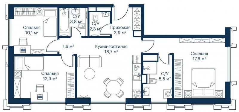 3-комнатная квартира с частичной отделкой, 76.49 м2, 18 этаж, сдача 2 квартал 2023 г., ЖК City Bay, корпус Indian Ocean 8 - объявление 1695868 - фото №1