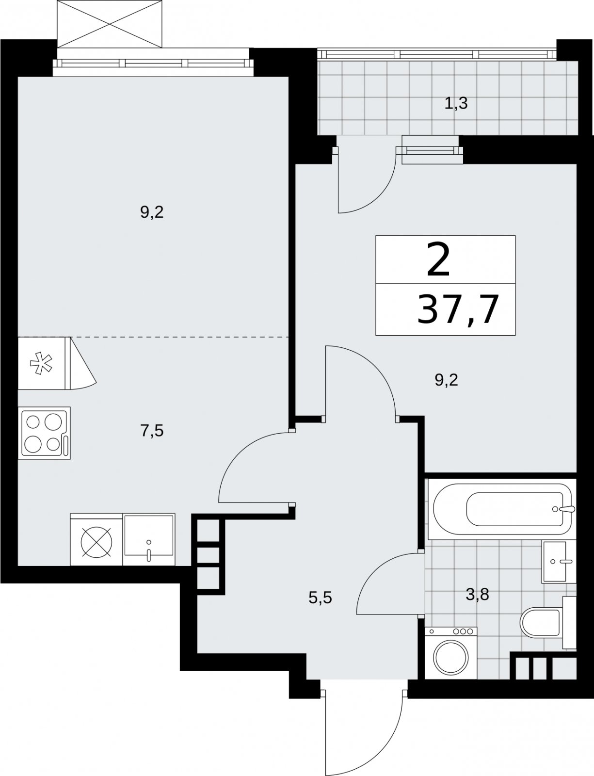 2-комнатная квартира (евро) без отделки, 37.7 м2, 7 этаж, сдача 2 квартал 2026 г., ЖК Бунинские кварталы, корпус 5.4 - объявление 2297799 - фото №1