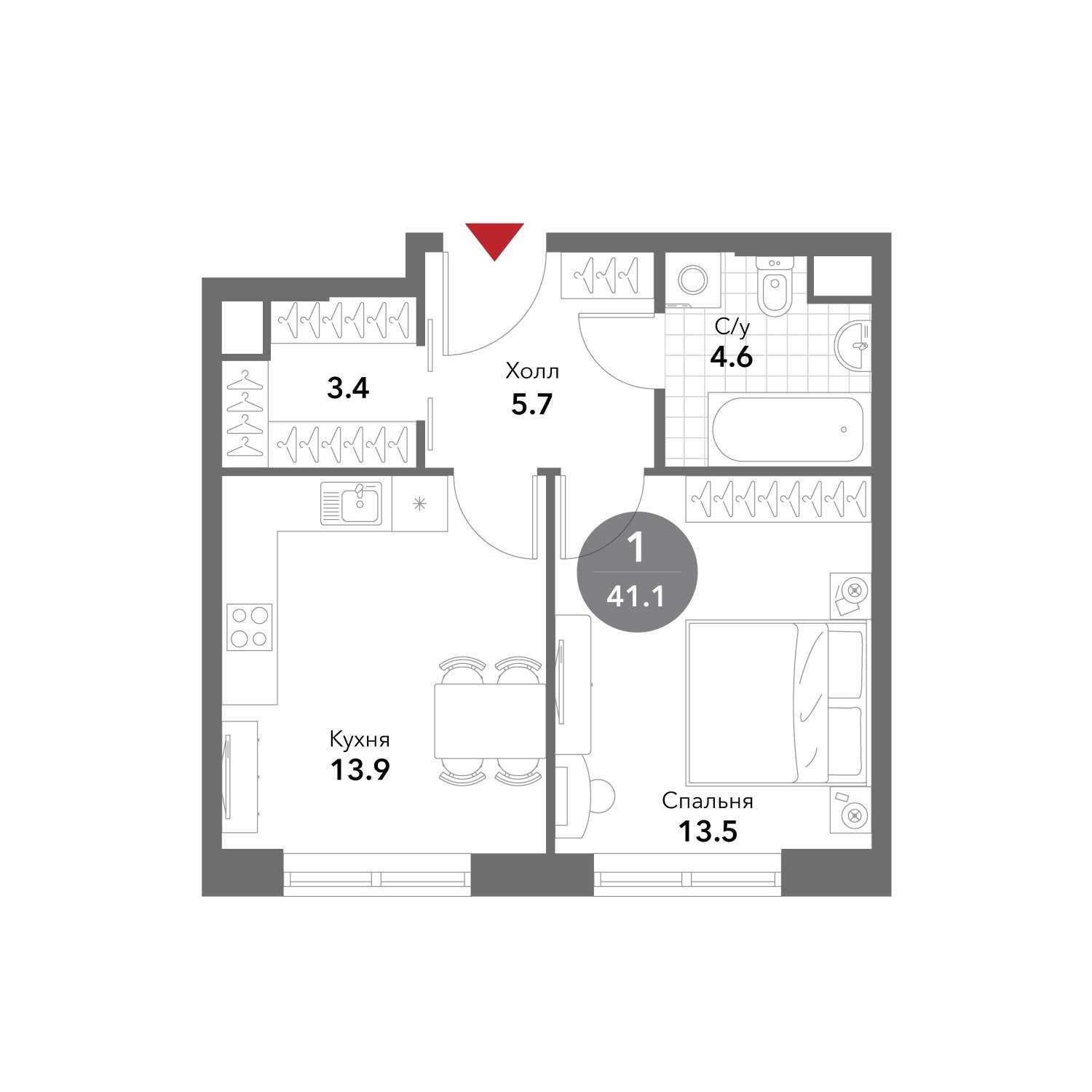 1-комнатная квартира без отделки, 41.1 м2, 9 этаж, сдача 3 квартал 2025 г., ЖК VOXHALL, корпус 2 - объявление 1981108 - фото №1