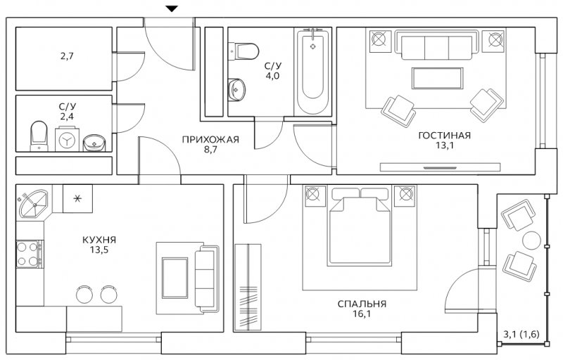 2-комнатная квартира с полной отделкой, 62.1 м2, 22 этаж, сдача 4 квартал 2022 г., ЖК Авиатика, корпус 4 - объявление 1895053 - фото №1