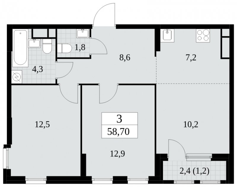 3-комнатная квартира (евро) с частичной отделкой, 58.7 м2, 13 этаж, сдача 2 квартал 2025 г., ЖК Южные сады, корпус 2.2 - объявление 1757544 - фото №1