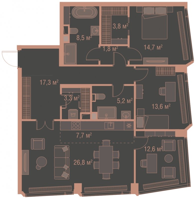 3-комнатная квартира без отделки, 115.3 м2, 13 этаж, сдача 1 квартал 2025 г., ЖК HIGH LIFE, корпус Soul Tower - объявление 1767796 - фото №1