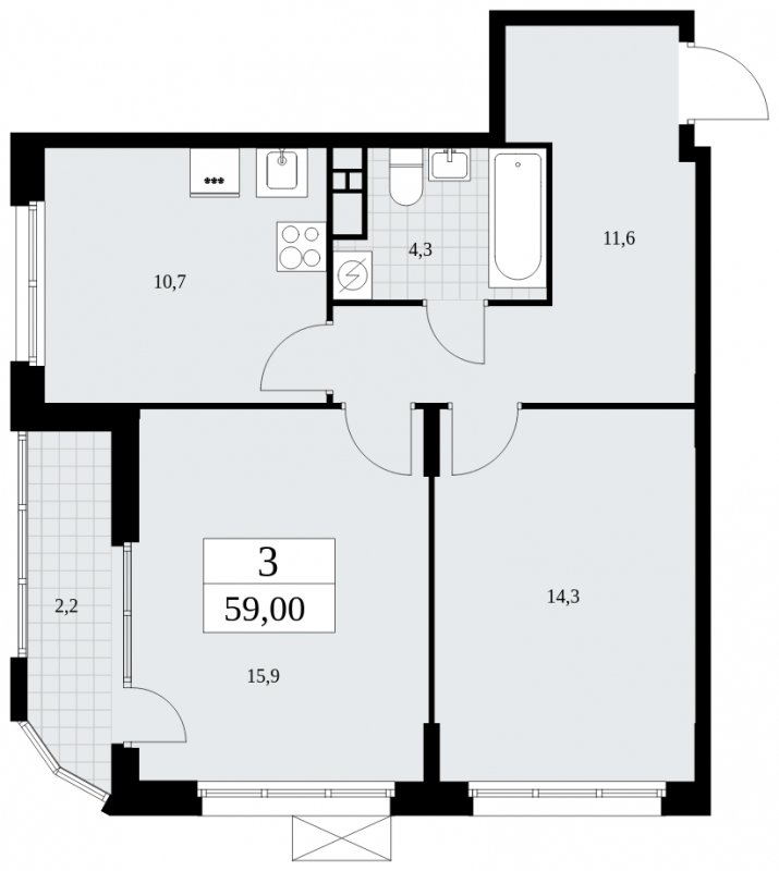 2-комнатная квартира с частичной отделкой, 59 м2, 12 этаж, сдача 4 квартал 2024 г., ЖК Бунинские кварталы, корпус 2.2 - объявление 1882431 - фото №1