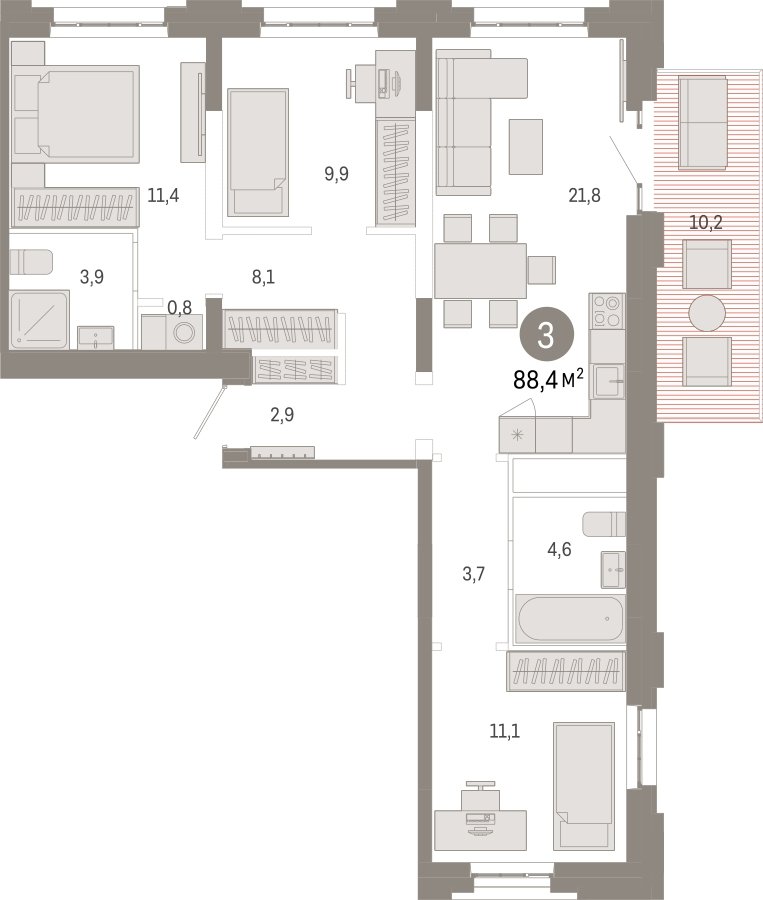 3-комнатная квартира с частичной отделкой, 88.4 м2, 2 этаж, сдача 3 квартал 2026 г., ЖК Квартал Метроном, корпус 1 - объявление 2331046 - фото №1