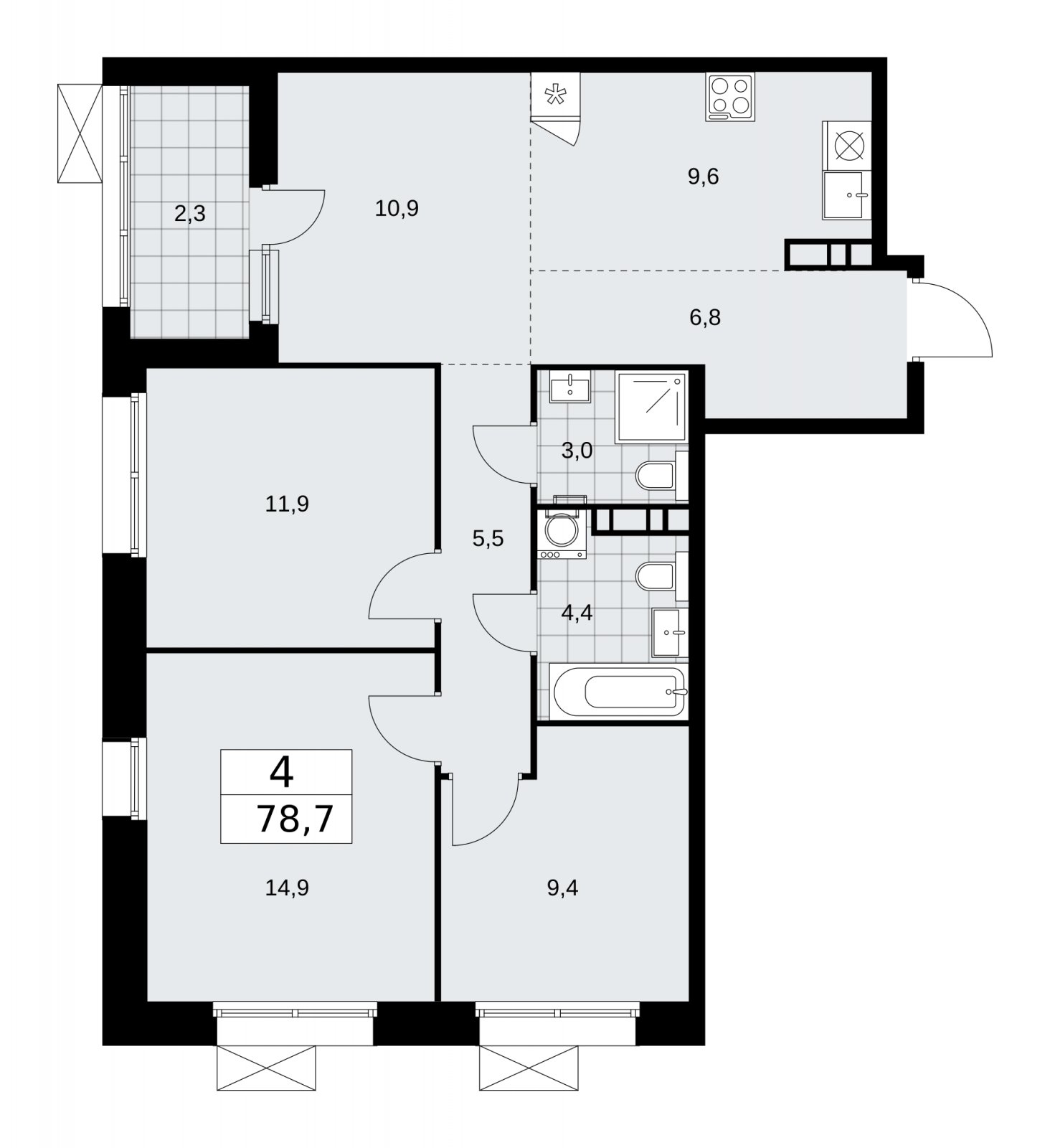4-комнатная квартира (евро) без отделки, 78.7 м2, 17 этаж, сдача 4 квартал 2025 г., ЖК Бунинские кварталы, корпус 6.5 - объявление 2252876 - фото №1