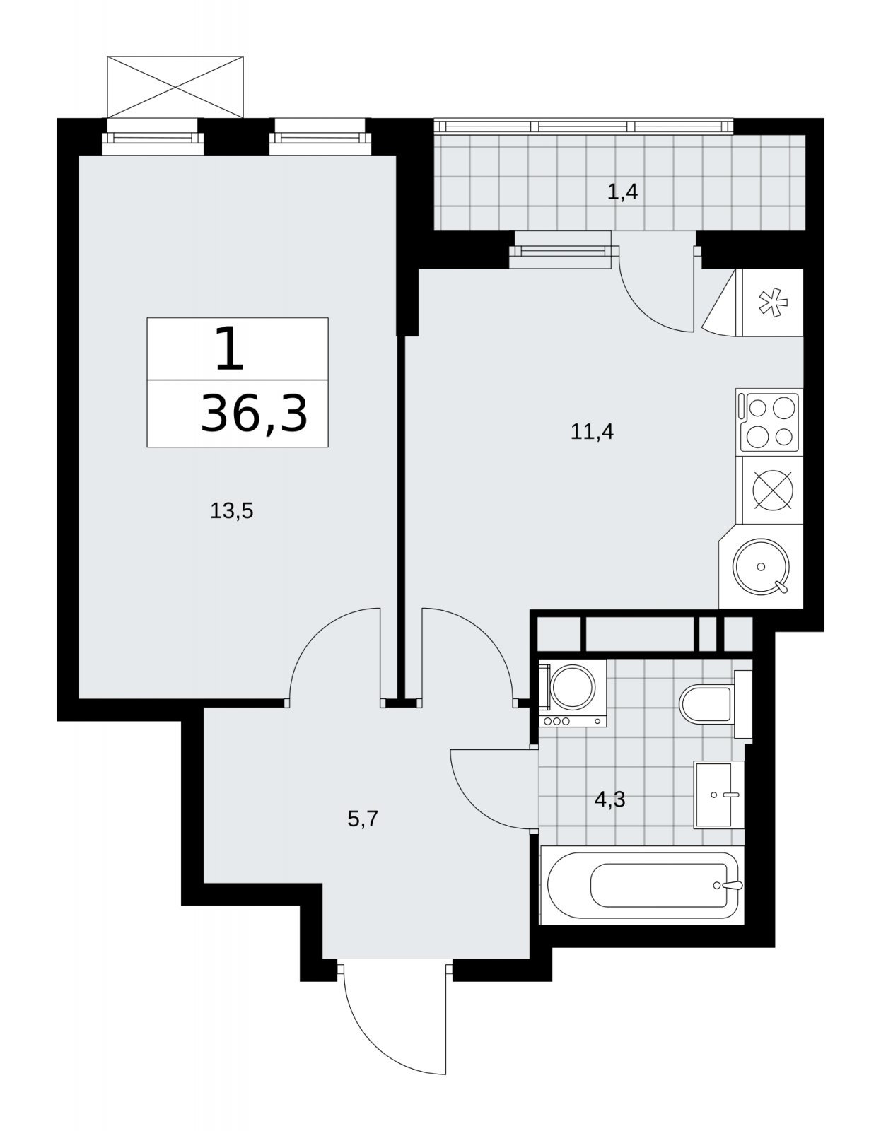 1-комнатная квартира с частичной отделкой, 36.3 м2, 12 этаж, сдача 1 квартал 2026 г., ЖК Прокшино, корпус 11.1.1 - объявление 2257163 - фото №1