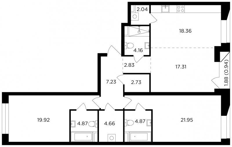 3-комнатная квартира с частичной отделкой, 111.87 м2, 3 этаж, сдача 4 квартал 2023 г., ЖК FORIVER, корпус 3 - объявление 1440535 - фото №1