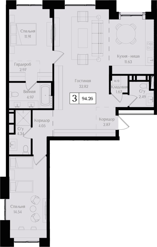3-комнатная квартира (евро) без отделки, 95.9 м2, 10 этаж, сдача 3 квартал 2024 г., ЖК Преображенская площадь, корпус 2 - объявление 2266123 - фото №1