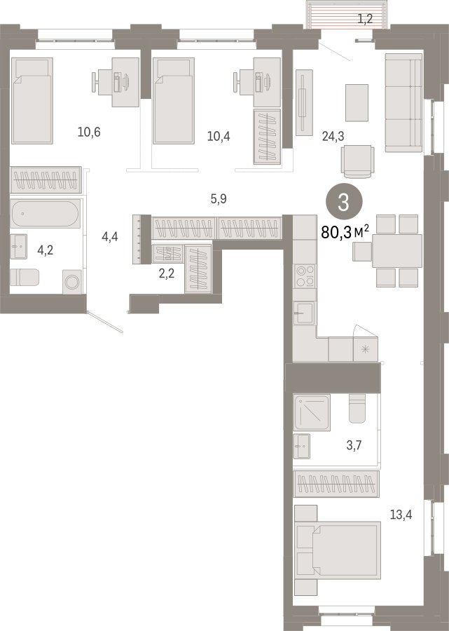 3-комнатная квартира с частичной отделкой, 80.3 м2, 6 этаж, сдача 3 квартал 2026 г., ЖК Квартал Метроном, корпус 1 - объявление 2330990 - фото №1