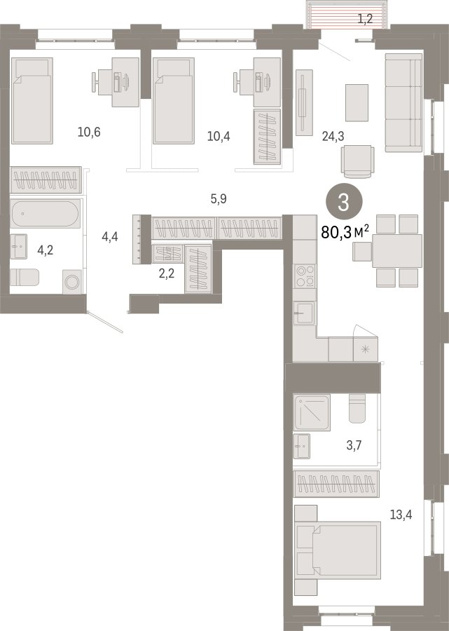 3-комнатная квартира 80.3 м2, 6 этаж, сдача 3 квартал 2026 г., ЖК Квартал Метроном, корпус 1 - объявление 2424076 - фото №1