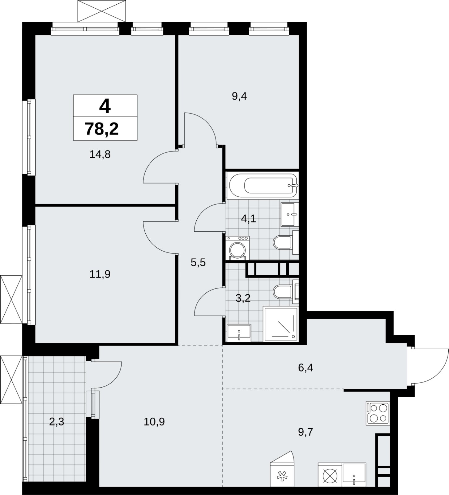 4-комнатная квартира (евро) без отделки, 78.2 м2, 11 этаж, сдача 4 квартал 2026 г., ЖК Скандинавия, корпус 2.18.1.4 - объявление 2351020 - фото №1