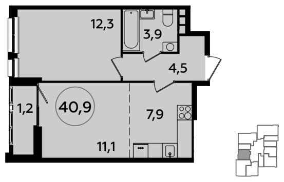 2-комнатная квартира (евро) без отделки, 40.9 м2, 20 этаж, сдача 4 квартал 2023 г., ЖК Южные сады, корпус 1.2 - объявление 1512236 - фото №1